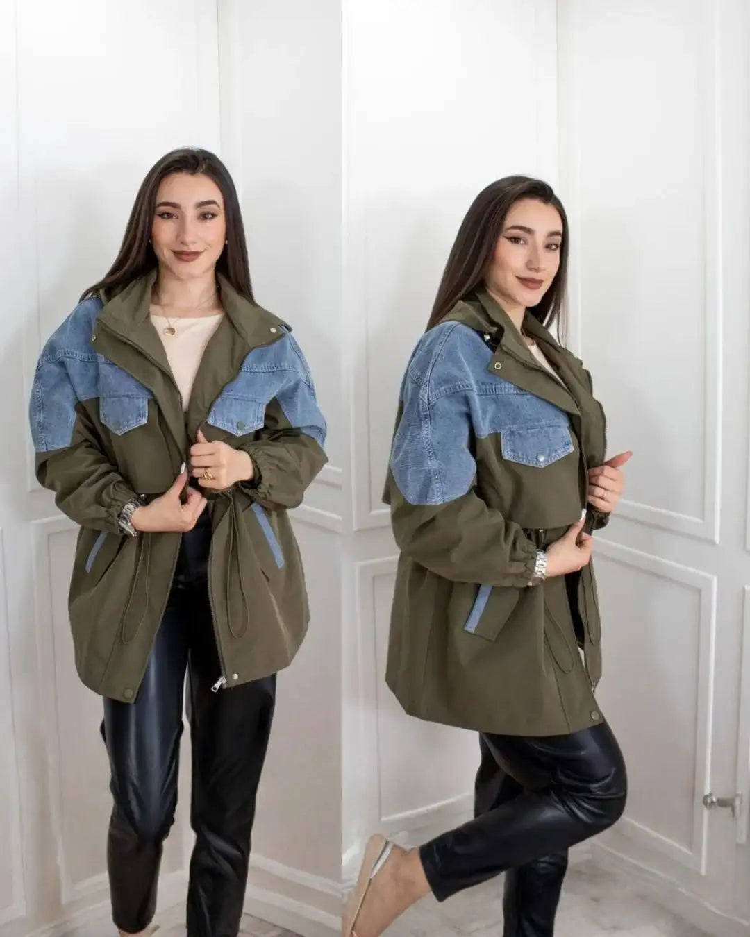 CHAQUETA TIPO PARKA EFECTO DOBLE PRENDA EN JEAN Y DRILL